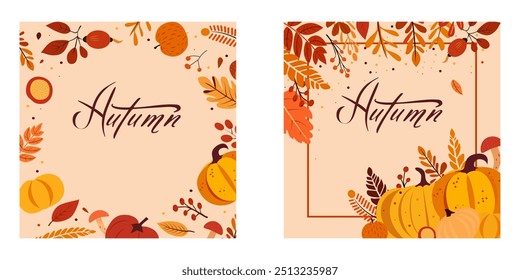 Ilustración vectorial de otoño con hojas de otoño y calabazas. Conjunto de marcos con inscripción.
