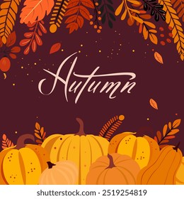 Ilustración vectorial de otoño con hojas de otoño y calabazas. Conjunto de marcos con inscripción.
