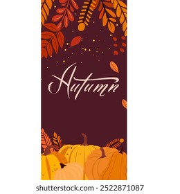 Autumn vector illustration with fall leaves and pumpkins. Set of frames with inscription.

