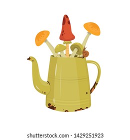 Autumn vector illustration. Fall season. Garden. Simple cartoon flat style. Watering can, teapot.