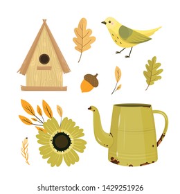 Autumn vector illustration. Fall season. Garden. Simple cartoon flat style. Watering can, teapot.