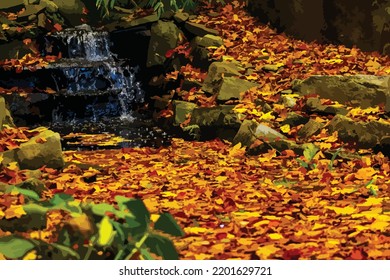 Autumn vector illustration. Fallen old yellow leaves in an artificial garden pond. Garden, lake, raft. Water surface covered with fallen yellow leaves. Autumn season, environment.