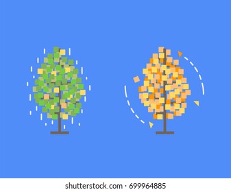 Autumn vector illustration. Flat colored trees and weathers on blue background. 