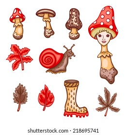 Autumn vector illustration of Fly Agaric Girl, mushrooms, snail and colorful leaves icon set