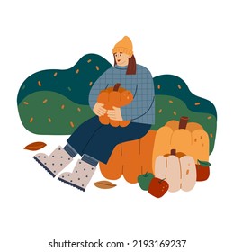 Autumn vector illustration with girl and pumpkins isolated on white background. Autumn harvest. Flat cartoon colorful vector illustration.