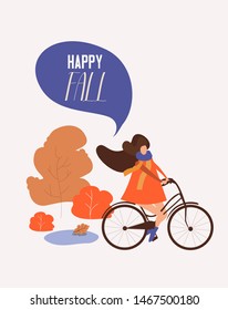 
Autumn vector illustration - girl rides a bicycle through the autumn forest