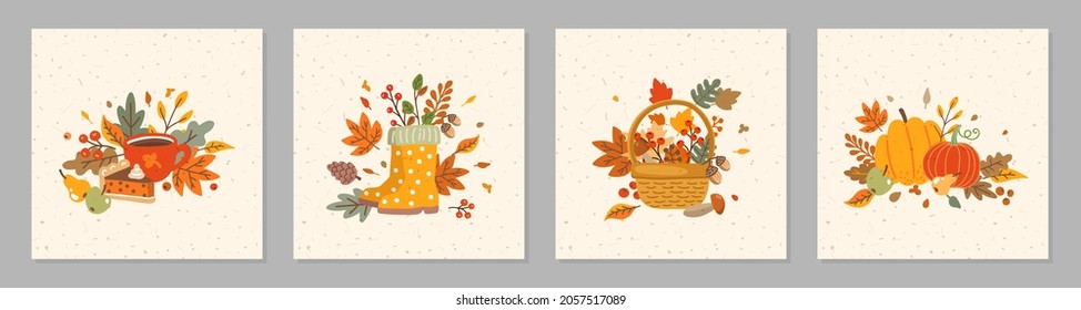 Autumn. Vector illustration with hand drawn cute and cozy design elements.Greeting card invitation poster template. Fall, Thanksgiving Day, Pumpkin season 