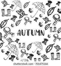 Autumn. Vector illustration with hand drawn lettering and doodles.