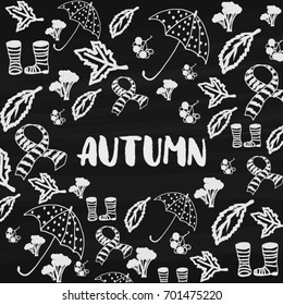 Autumn. Vector illustration with hand drawn lettering and doodles on chalkboard background.