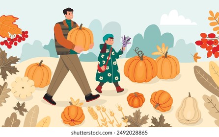 Autumn vector illustration with happy family and pumpkin.Outdoor activities background with smiling dad and child among fall plants.Cartoon landscape with farm harvest.Design for card,banner template.