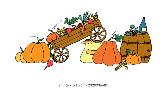 Autumn vector illustration for the harvest festival. Pumpkins, vegetables, wine, barrel, corn, cart, bags. Poster, banner.