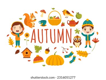 Autumn Vector Illustration Kids Panoramic of Mountains and Maple Trees Fallen with Yellow Foliage in Cartoon Hand Drawn Landing Page Templates