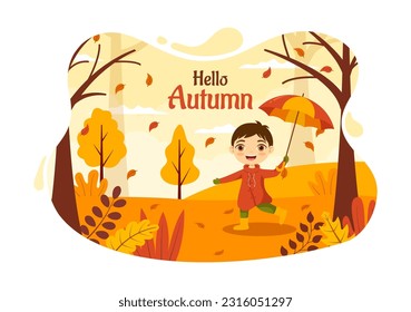 Autumn Vector Illustration Kids Panoramic of Mountains and Maple Trees Fallen with Yellow Foliage in Cartoon Hand Drawn Landing Page Templates