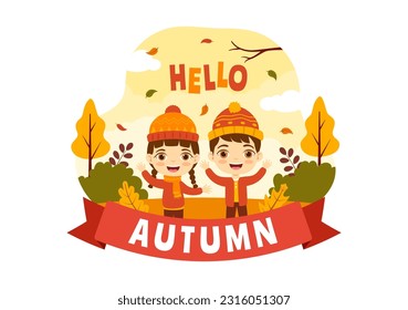 Autumn Vector Illustration Kids Panoramic of Mountains and Maple Trees Fallen with Yellow Foliage in Cartoon Hand Drawn Landing Page Templates