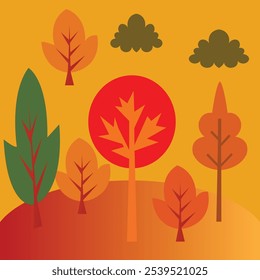 Autumn Vector illustration of an autumn landscape with beautiful trees, forest, lake and nature on a background of mountains and hills. Autumn landscape in a simple style for design.