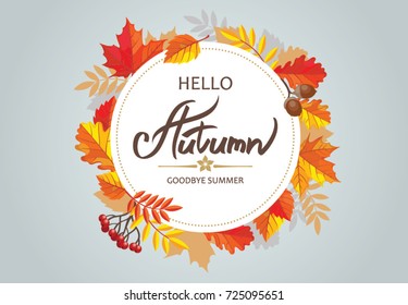 Autumn vector illustration with leaves and hand lettering phrase