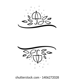 Autumn vector illustration leaves and umbrella border frame with space text background. Black brush doodle sketch with gourds for thanksgiving day holiday