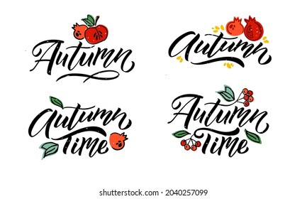 Autumn vector illustration with lettering typography of autumn. Autumn icon, badge, poster, banner with signature. Apple, leaves, pomergranate. Autumn template for postcard, invitation, card. Vector