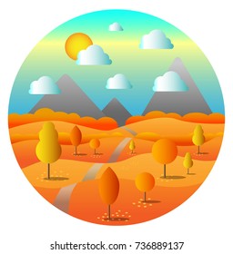 Autumn vector illustration with mountains. Trees with fallen leaves. Editable. EPS10