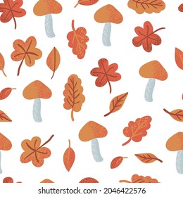Autumn vector illustration. Mushrooms, orange leaves of trees-oak, maple, birch on a white background. Vector seamless pattern. Stylized illustration for design, fabrics