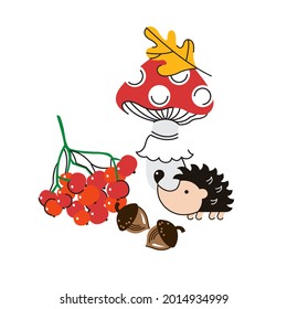 Autumn. Vector illustration. Autumn nature, oak leaves, hedgehog, mountain ash, acorn, mushroom.