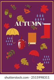 Ilustración vectorial de otoño. Ilustración vectorial de la naturaleza, patrón, hojas, hoja, lluvia, serbal, paraguas, hoja de arce, caucho, botas, bellotas para el fondo, tarjeta de felicitación, invitación, cartel.