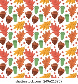 Herbst-Vektorgrafik von Eichenblättern und Eicheln. Nahtloses Muster von fallbezogenen Elementen im handgezeichneten flachen Stil. Waldfrucht einzeln auf Weiß. Gemütliches warmes Jahreszeit wiederholendes Hintergrunddesign