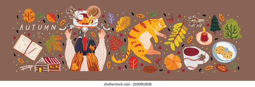 Autumn. Vector illustration of objects: cat, autumn  trees, leaf, coffee, cookies, candle, pumpkin  and a woman on a bicycle. Drawings for poster, card or background