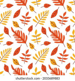 Autumn vector illustration of orange and yellow twigs and leaves for printing on fabric, wallpaper, gift paper, packaging, etc. Seamless natural pattern for original autumn designs.