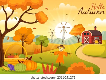 Autumn Vector Illustration Panoramic of Mountains and Maple Trees Fallen with Yellow Foliage in Flat Cartoon Hand Drawn Landing Page Templates