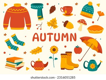 Autumn Vector Illustration Panoramic of Mountains and Maple Trees Fallen with Yellow Foliage in Flat Cartoon Hand Drawn Landing Page Templates