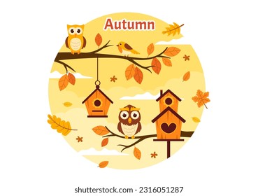 Autumn Vector Illustration Panoramic of Mountains and Maple Trees Fallen with Yellow Foliage in Flat Cartoon Hand Drawn Landing Page Templates