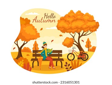 Autumn Vector Illustration Panoramic of Mountains and Maple Trees Fallen with Yellow Foliage in Flat Cartoon Hand Drawn Landing Page Templates