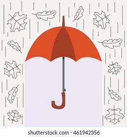 Autumn vector illustration. Personal protection from rain and snow. The image of the umbrella, rain and falling leaves in the style of the line.