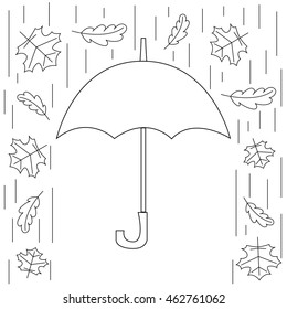 Autumn vector illustration. Personal protection from rain and snow. The image of the umbrella, rain and falling leaves in the style of the line.