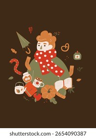 Autumn vector illustration. Autumn postcard with characters, falling leaves, pumpkins, clothes, dishes. Applicable for web banner, poster. Cozy autumn.