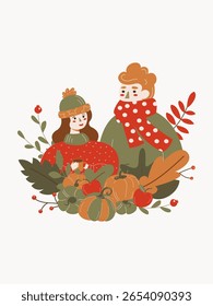 Ilustração do vetor de outono. Cartão postal de outono com personagens, folhas, abóboras. Aplicável para banner da web, cartaz. Outono acolhedor.