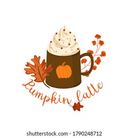 Autumn vector illustration pumpkin latte with lettering