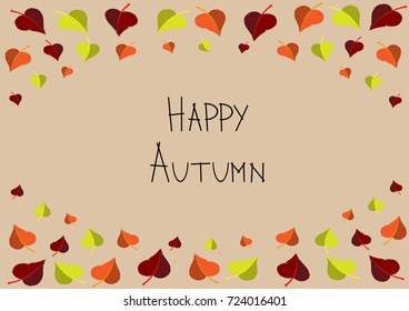 autumn vector illustration with red, orange, yellow and green leaves on light brown background and oval copy space in the middle