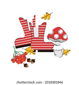 Autumn. Vector illustration. Rubber boots. Autumn gifts of nature: mountain ash, leaves, mushroom, acorns.