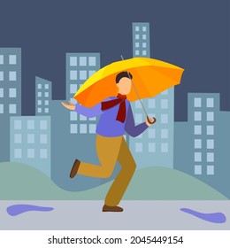 Autumn vector illustration with running man and yellow umbrella
