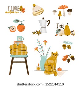 Autumn vector illustration set: coffee maker, fruits, cozy plaid, falling leaves,  candles, cute cat, mushrooms. Collection of fall season elements. 