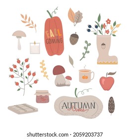 Autumn vector illustration set. Fall phrases with cute and cozy design elements decorative bundle. Can use for stickers, icon, logo