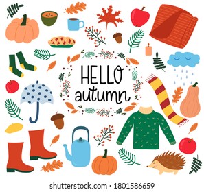 Autumn vector illustration set - autumn leaves, hedgehog, wreaths, pumpkin, cozy food. Suitable for posters, invitations, stickers, greeting cards, banners. Hand-drawn lettering "Hello autumn"