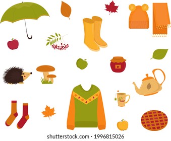 Autumn vector illustration set - autumn leaves, umbrella, rubber boots, hat and scarf set, apple, rowan, hedgehog, mushrooms, strawberry jam, sweater, teapot, mug with tea, berry pie, homemade pie, so