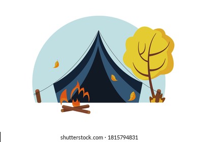 Autumn vector illustration of a tent and a campfire. The concept of active tourism. Flat-style illustration.