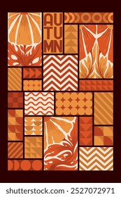 Autumn vector illustration with textured vintage flowers composition and abstract geometric shapes background. Modern design pattern template for poster print, banner, greeting card, flyer