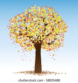 Otoño. Ilustración vectorial del árbol con hojas amarillas y rojas