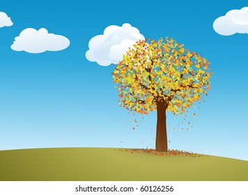 Herbst. Vektorgrafik eines Baumes mit gelben und roten Blättern auf einer Wiese auf blauem Himmel