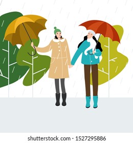 Autumn vector illustration -two girlfriends under umbrellas in autumn park.